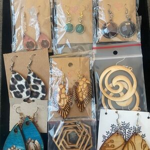Lot of six pairs of earrings NEW! Some CARVED WOOD! PERFECT GIFT.